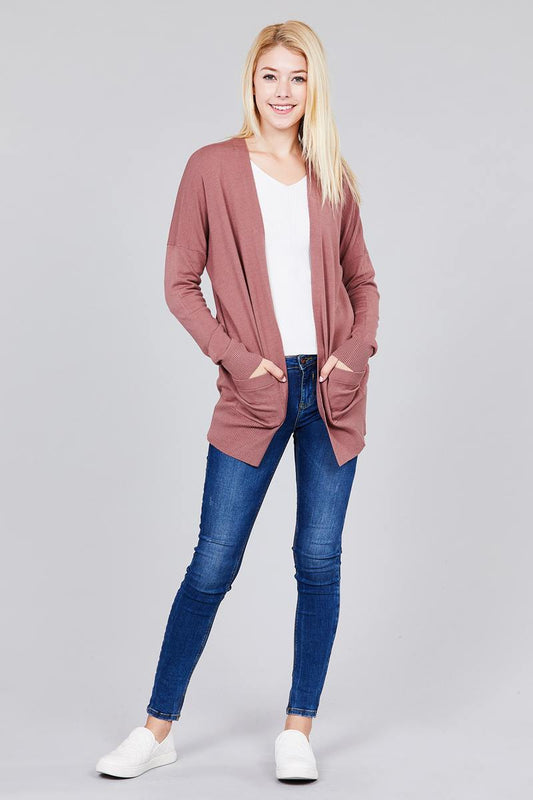 Ladies fashion long dolmen sleeve open front w/pocket sweater cardigan