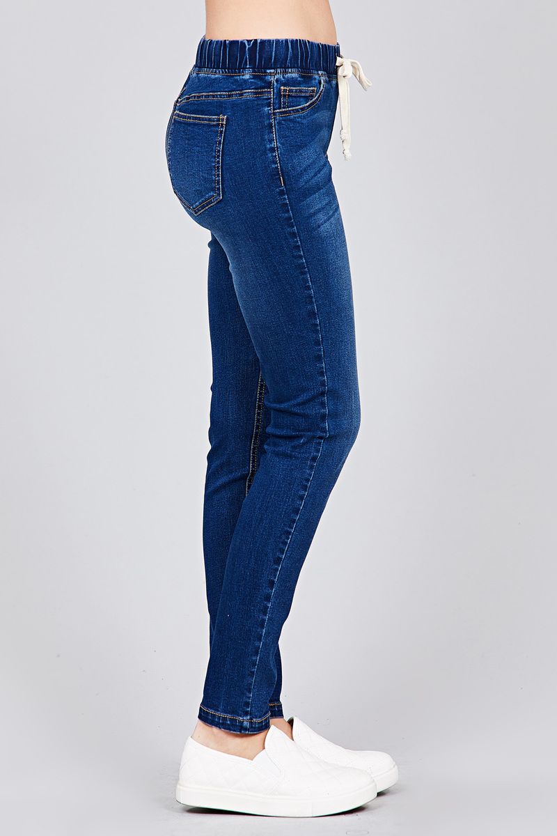 Ladies fashion plus size waist drawstring washed denim jogger skinny pants