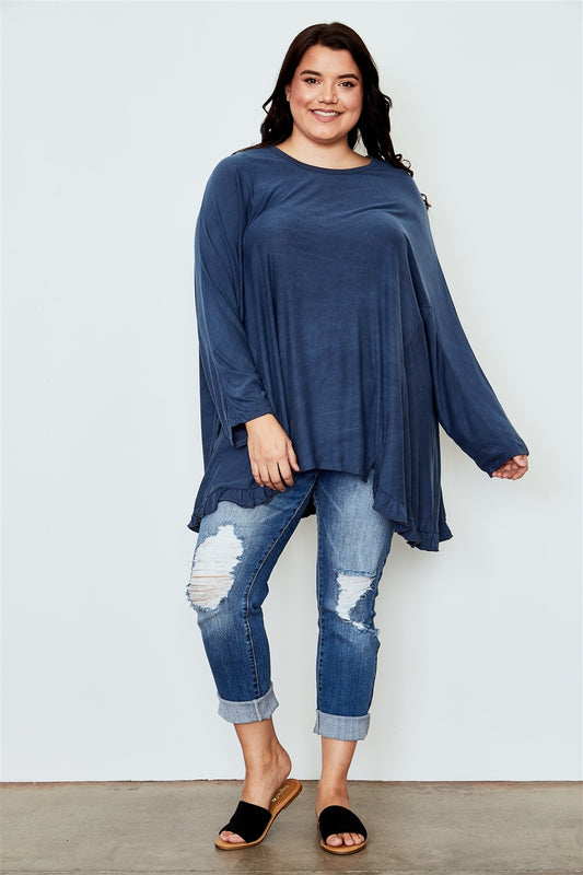 Ladies fashion plus size frill hem loose tunic top