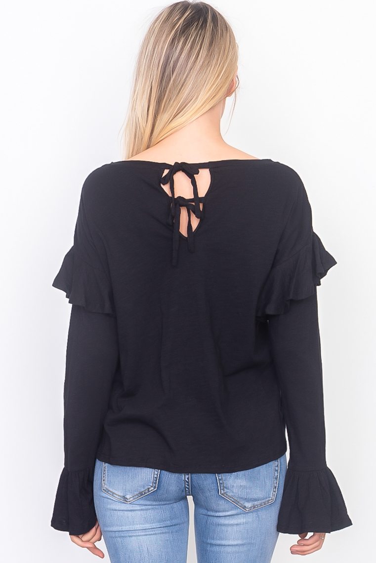 Ruffle sleeve slub jersey top