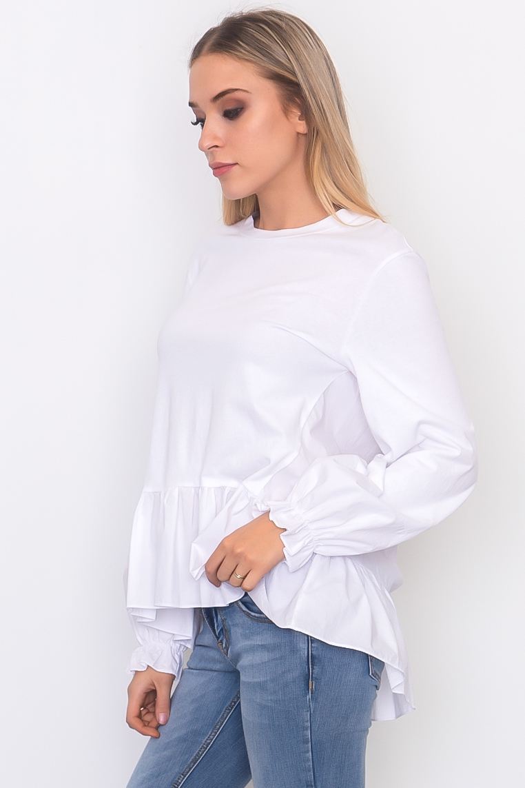 Contrast woven ruffle sleeve round neck top