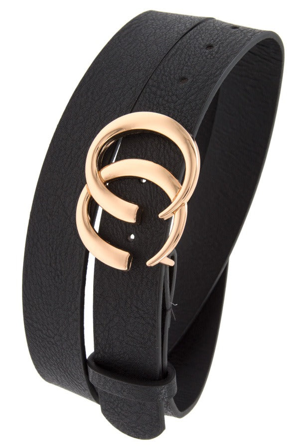 Double semi circle buckle faux leather belt