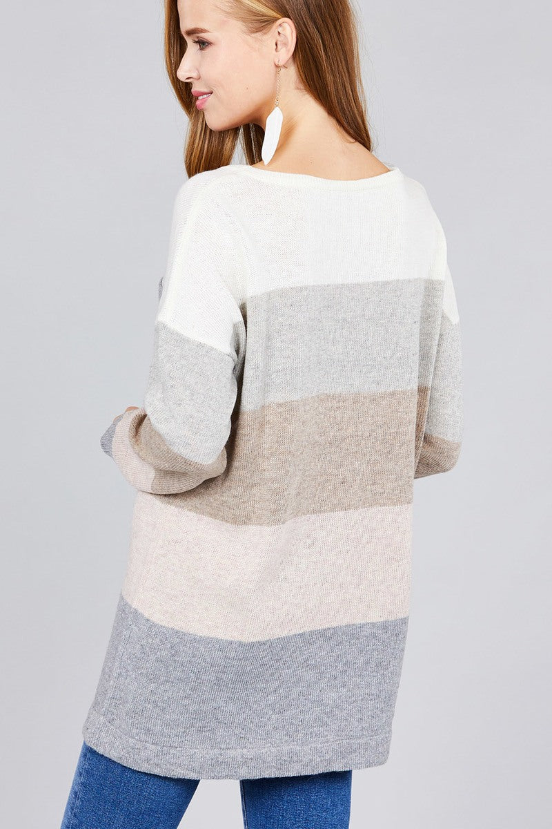 Long sleeve round neck w/pocket color block sweater