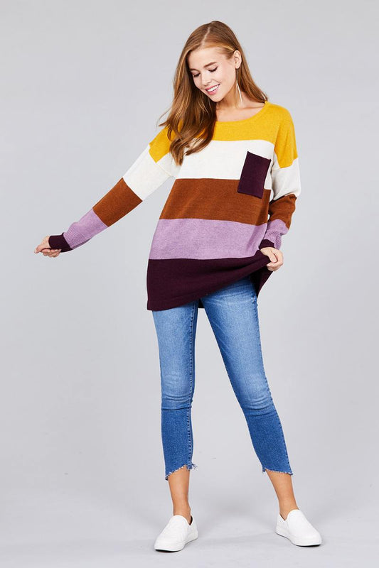 Long sleeve round neck w/pocket color block sweater