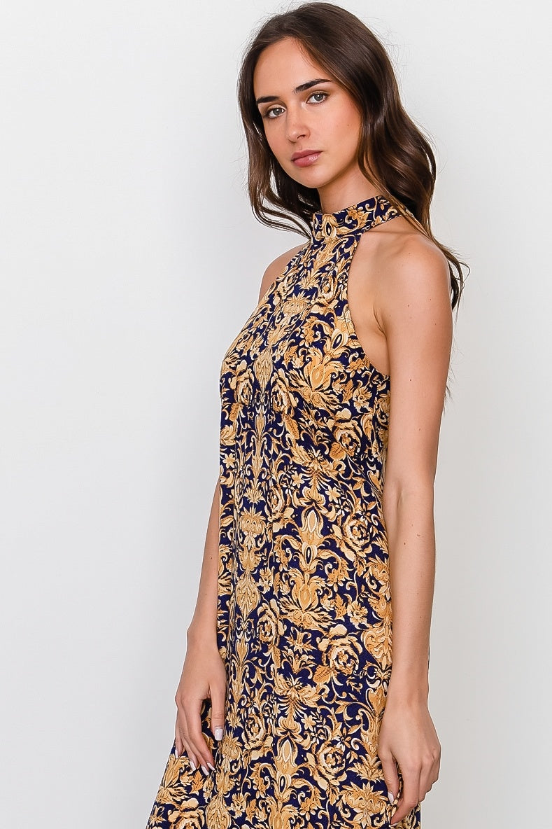 Gold print sleeveless high neckline maxi dress