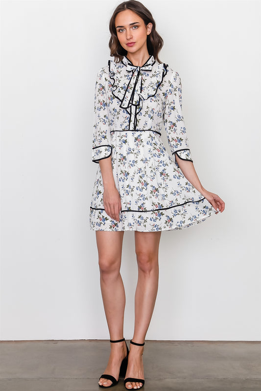 Navy white floral contrast trim ruffle mini dress