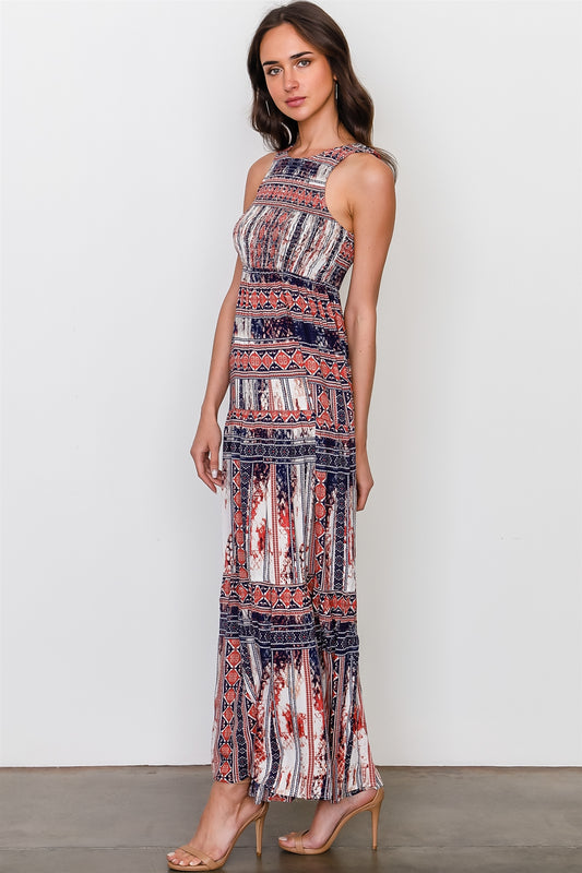 Red blue mix print sleeveless shirred maxi dress