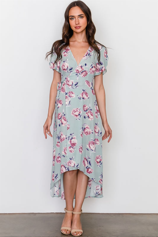 Sage rose print wrap around hi-low dress