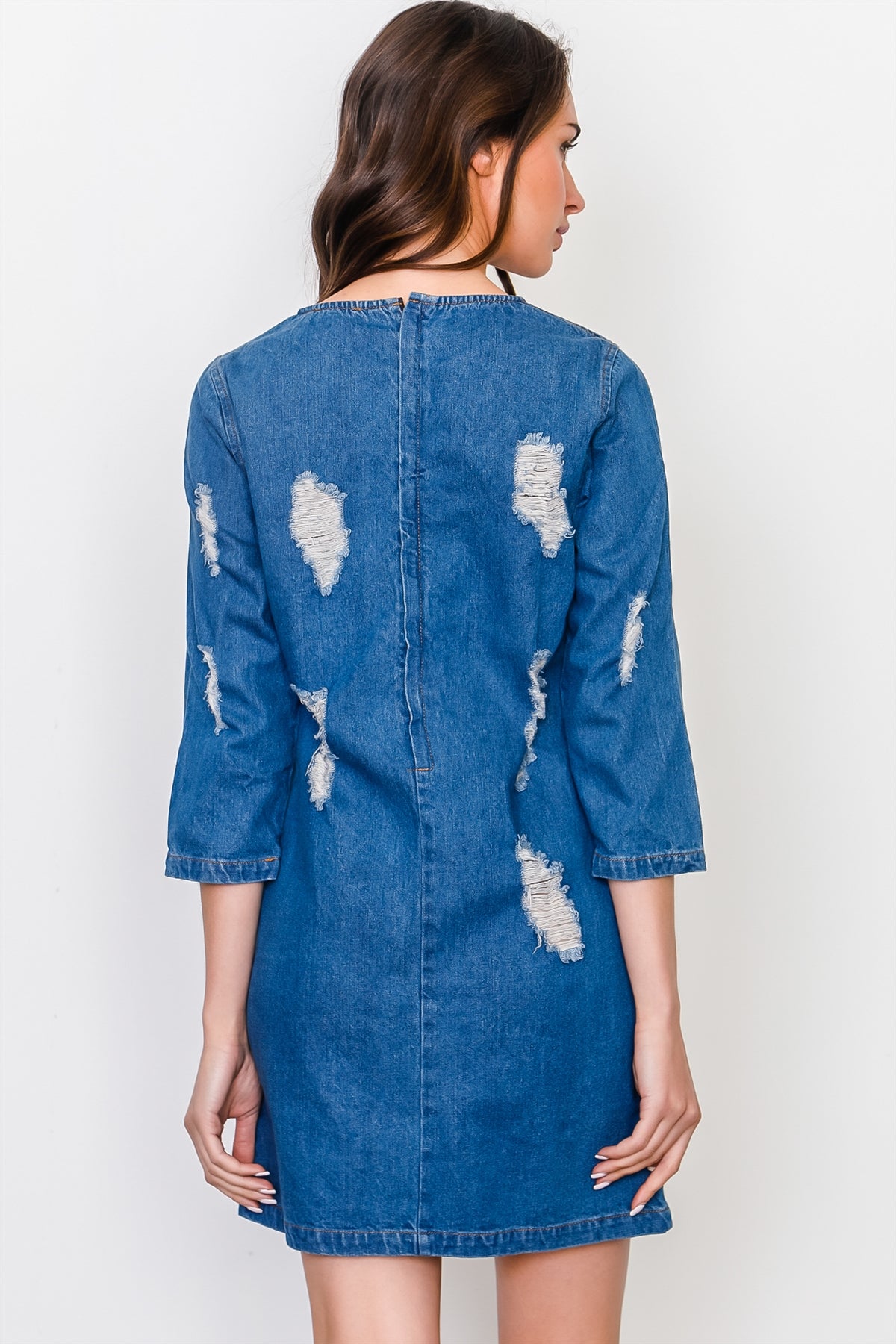 Denim distressed mini dress