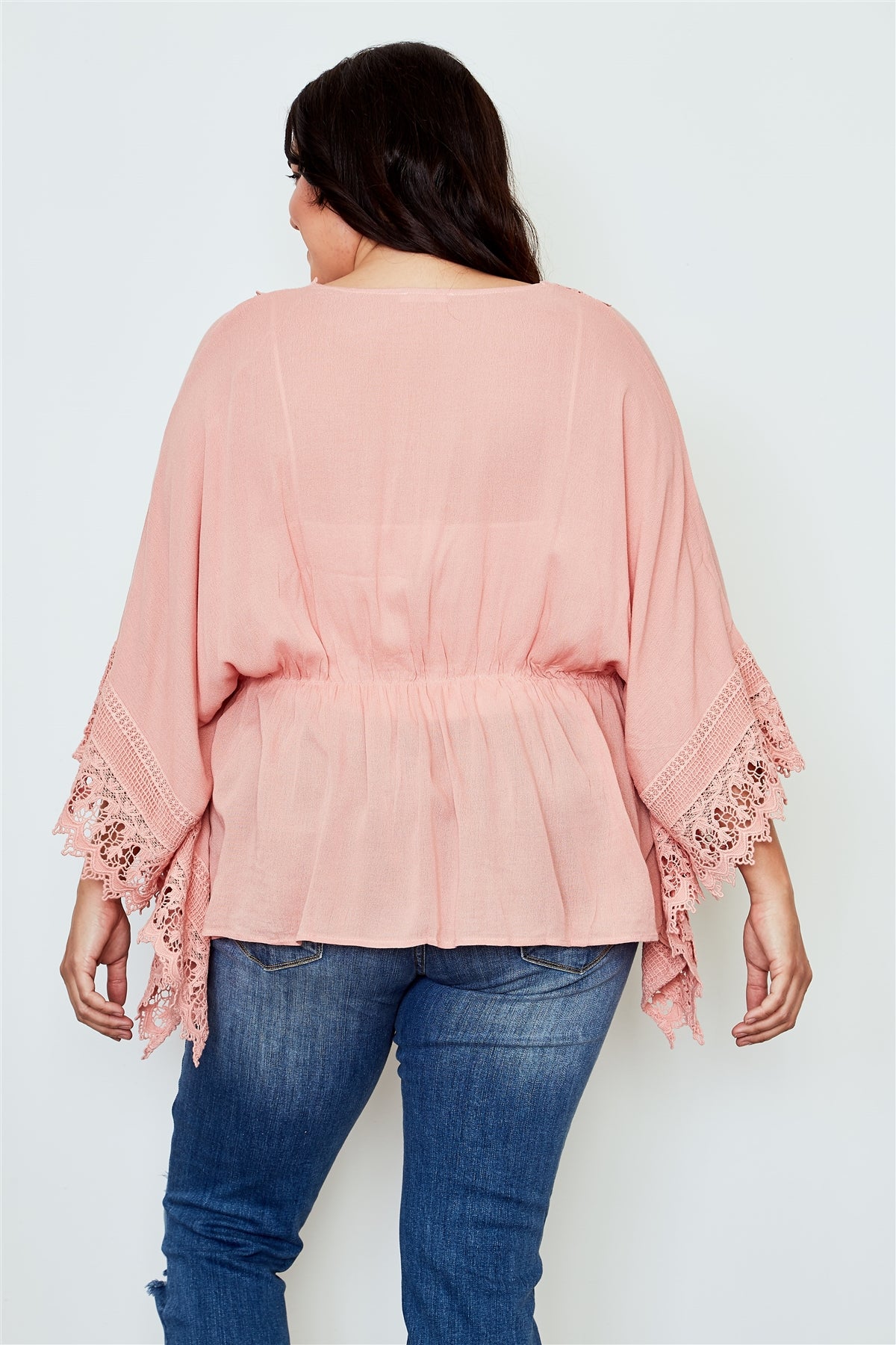 Plus Size Boho Crochet Trim Tie Waist Salmon Kimono