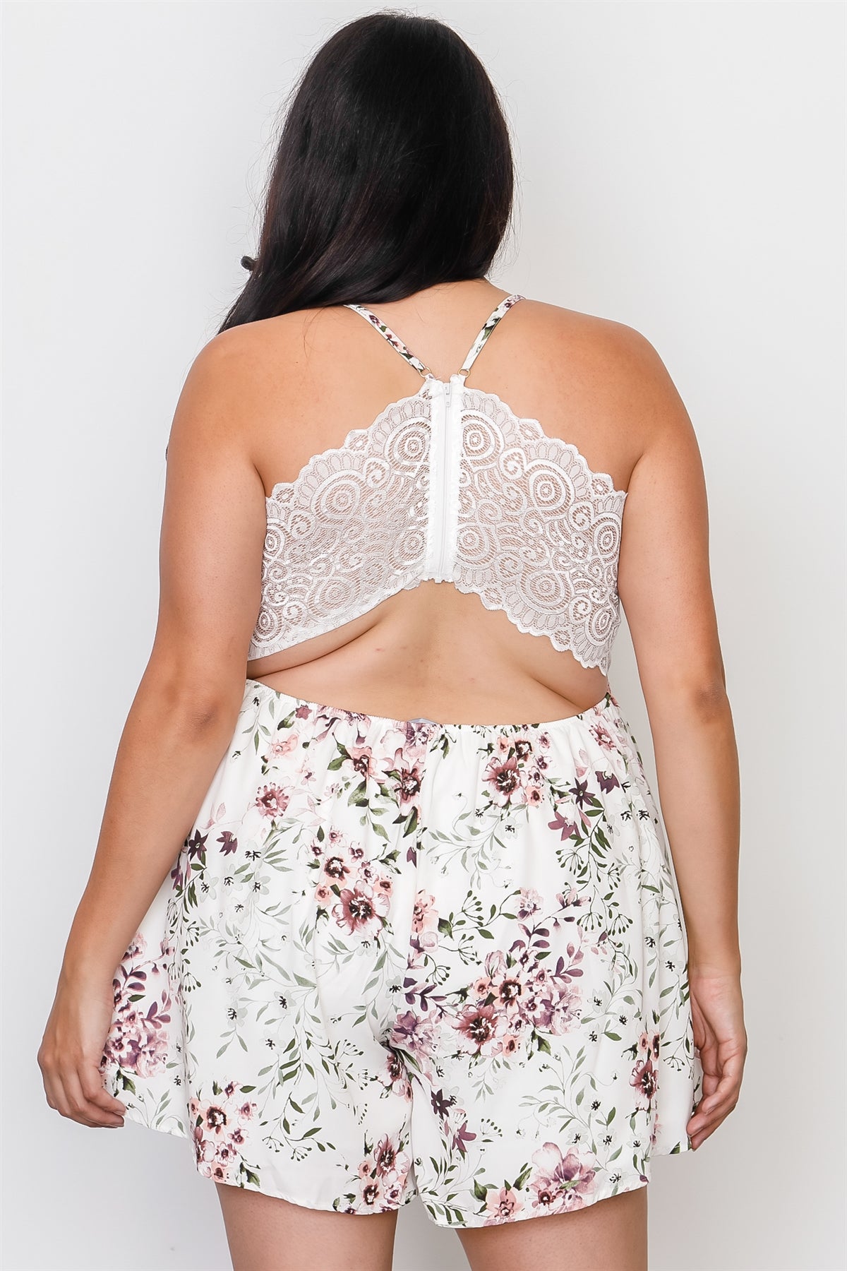 Plus Size Floral Print Lace Trim Cut Out Back Romper
