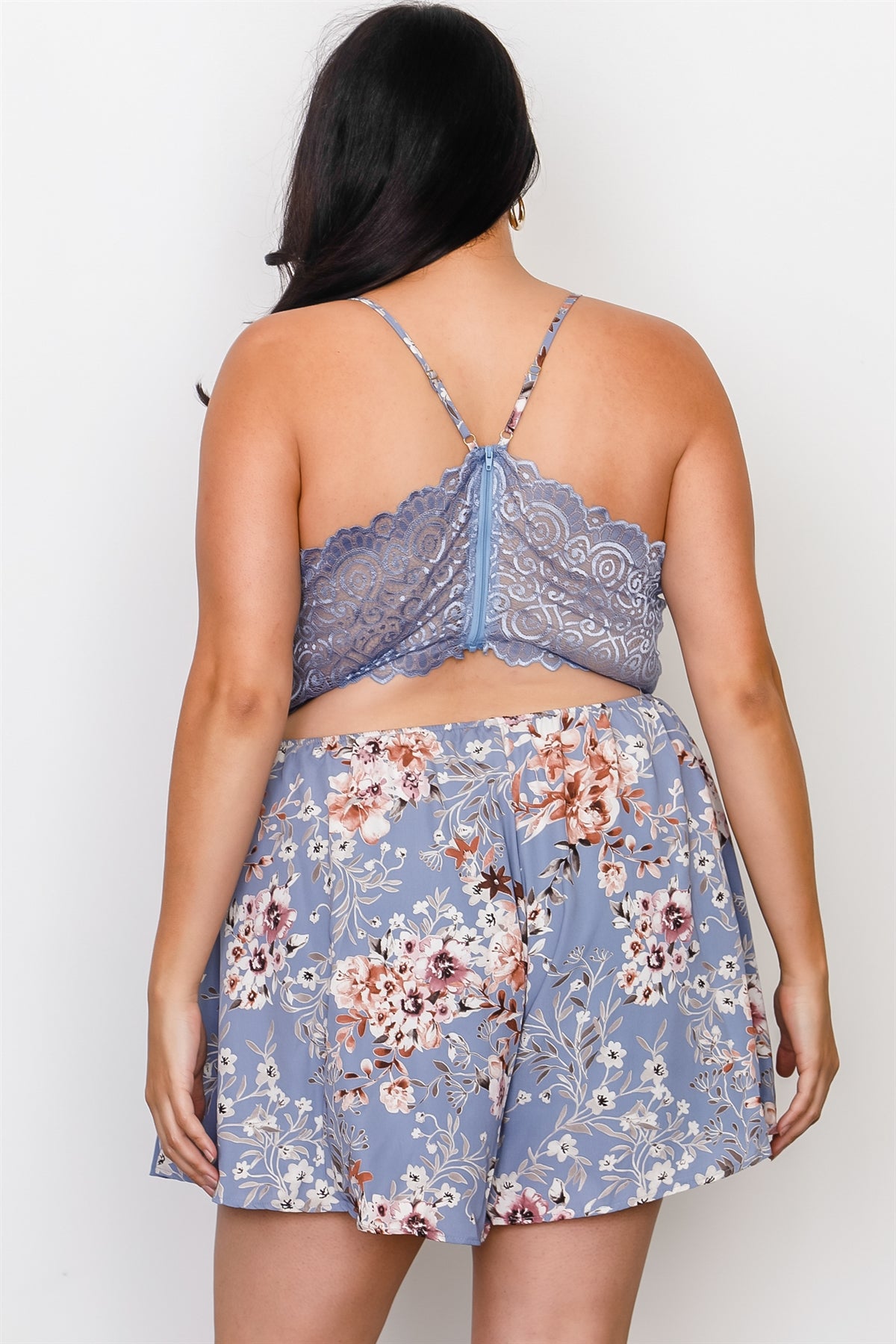Plus Size Floral Print Lace Trim Cut Out Back Romper