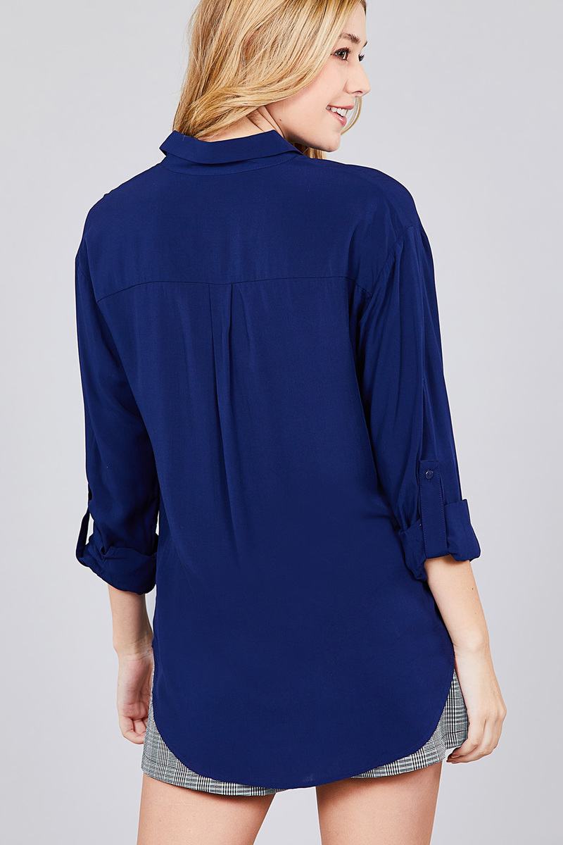 3/4 Roll Up Sleeve Chest Flap Pocket Woven Shirts