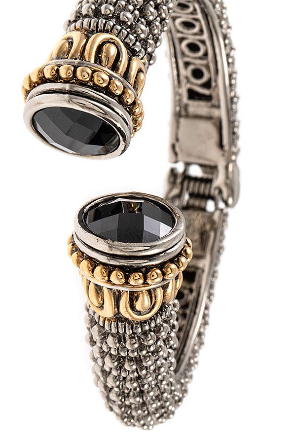 Beaded Etched Gem Tip Hinge Bangle Bracelet