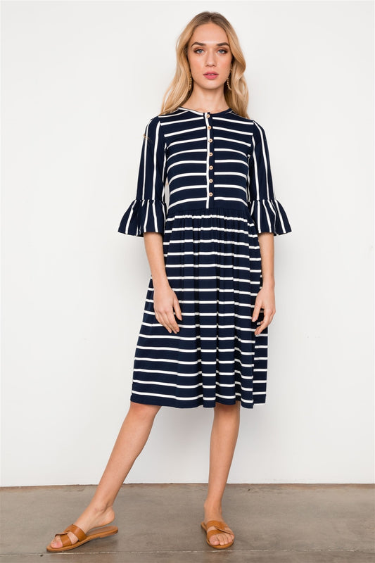 Navy Blue Striped Ruffle Sleeve Midi Boho Dress