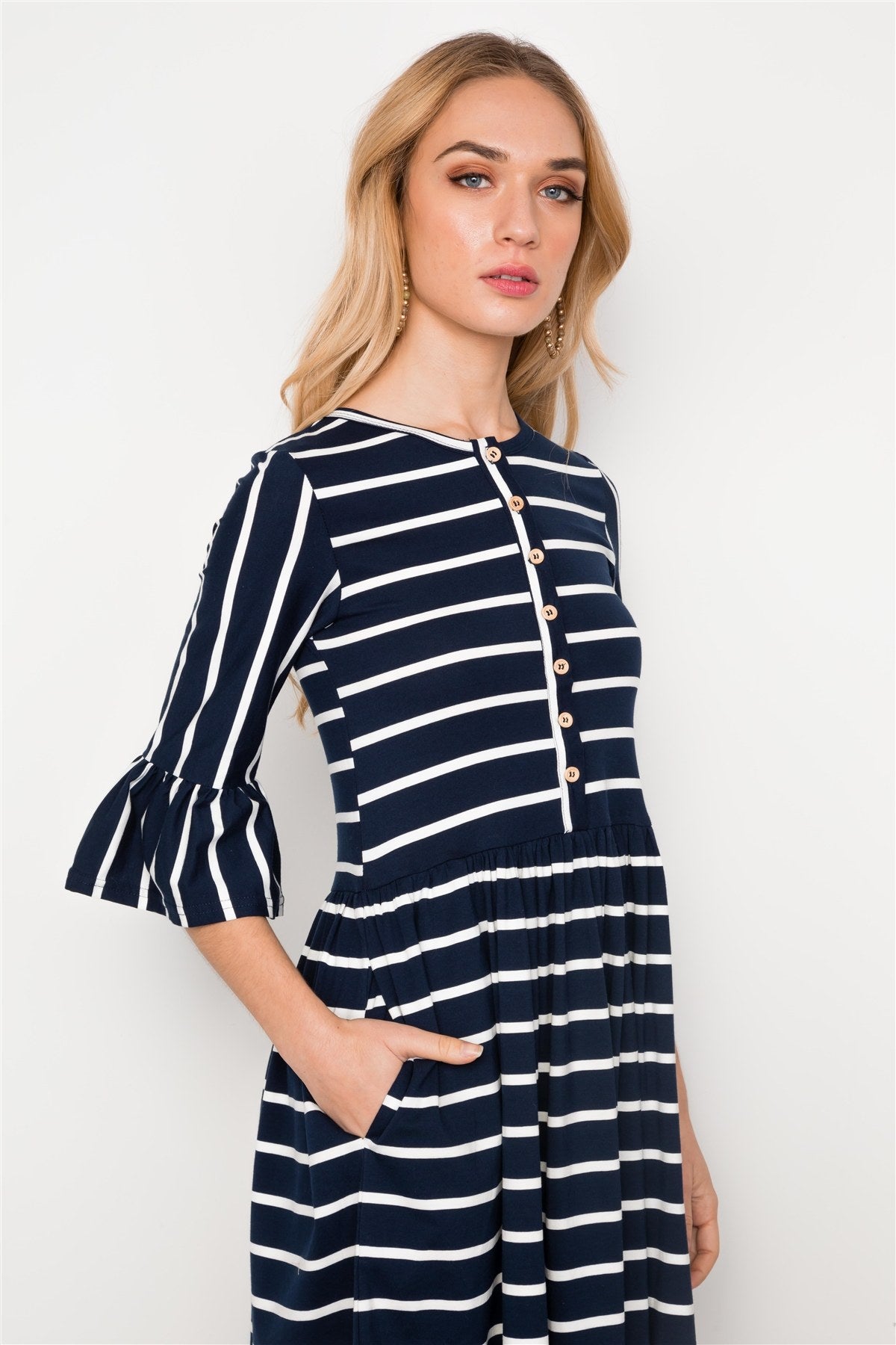 Navy Blue Striped Ruffle Sleeve Midi Boho Dress