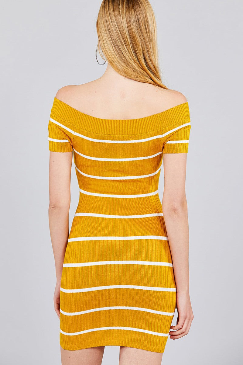 Short Sleeve Off The Shoulder Striped Mini Sweater Dress