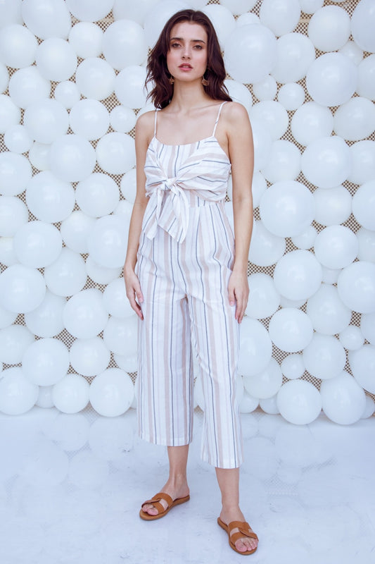 Cream Knotted Striped Jumpsuit