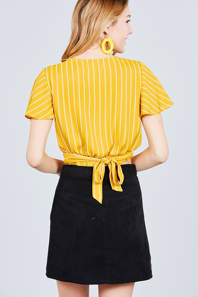 Short Sleeve V-neck W/surplice Tie Detail Multi Stripe Print Woven Top
