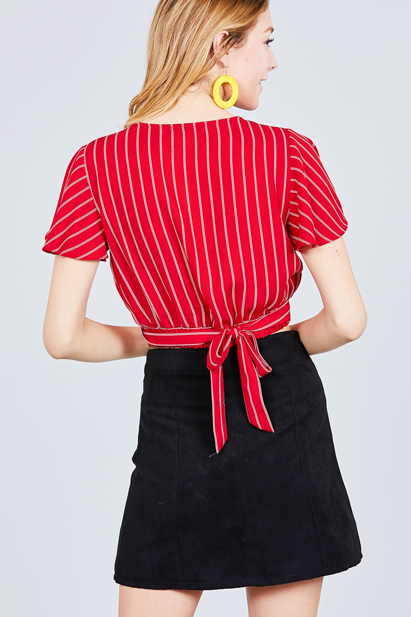 Short Sleeve V-neck W/surplice Tie Detail Multi Stripe Print Woven Top