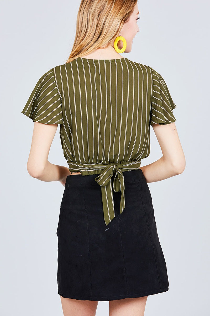Short Sleeve V-neck W/surplice Tie Detail Multi Stripe Print Woven Top