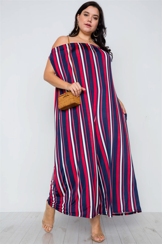Plus Size Navy Red Off-the-shoulder Stripe Jumpsuit