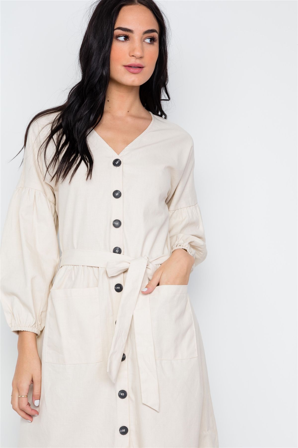 Button Down Solid Boho Self Tie Dress