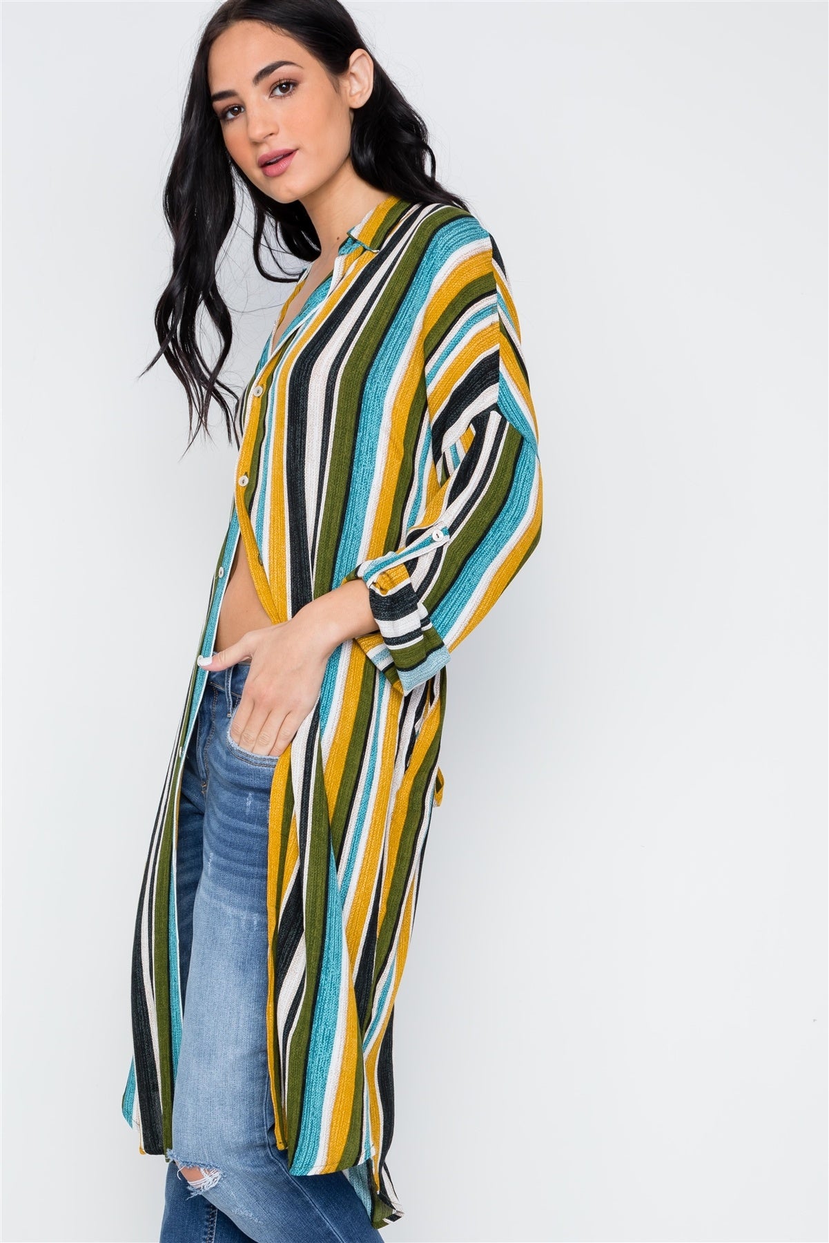 Black Mustard Olive Multi Stripe Button Down Shirt Dress