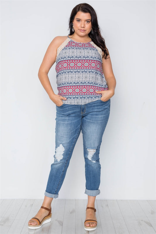 Plus Size Paisley Print Crochet Trim Cami Boho Top