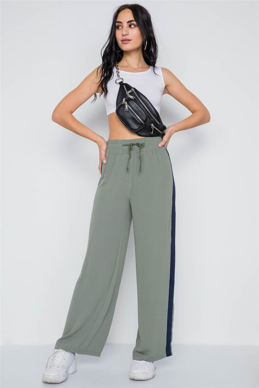 Contrast Trim Side Slit Wide Leg Casual Pants