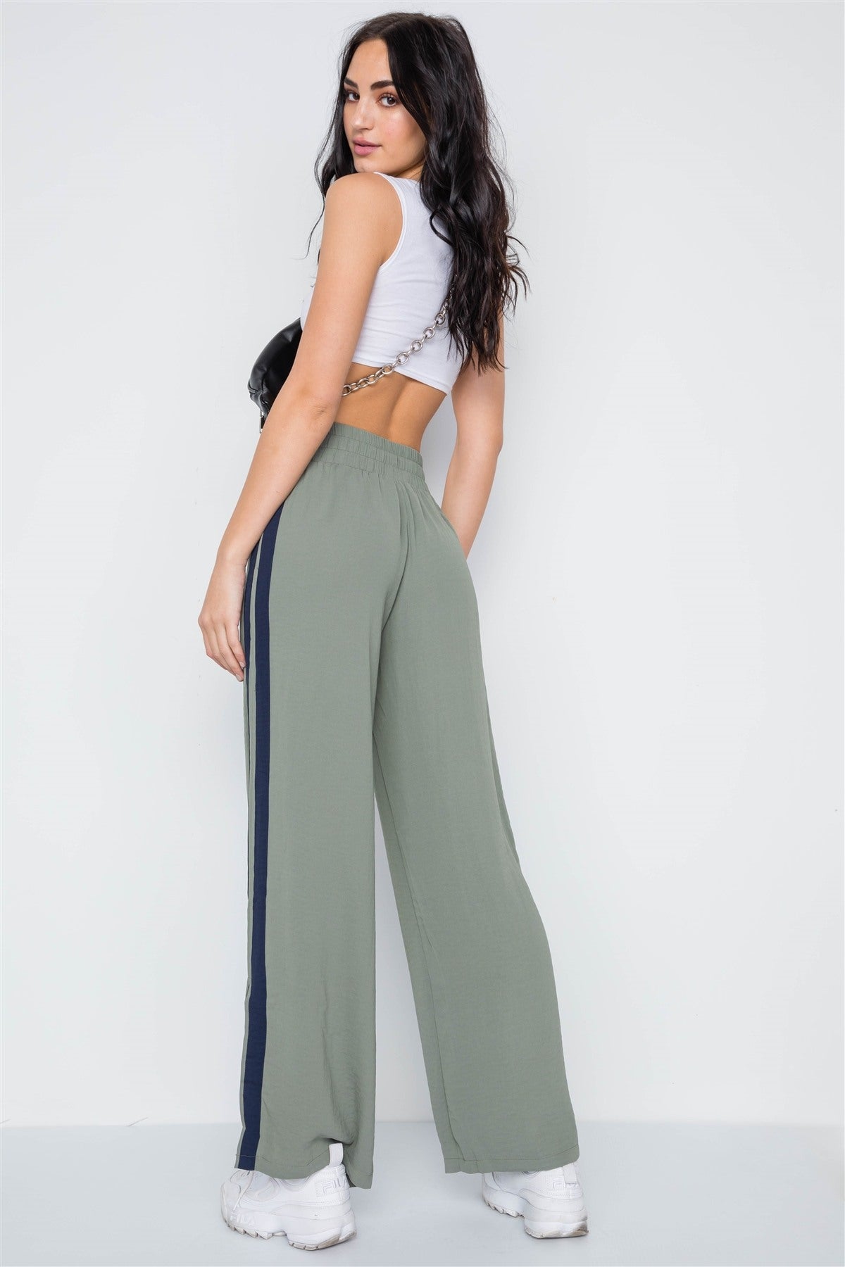 Contrast Trim Side Slit Wide Leg Casual Pants