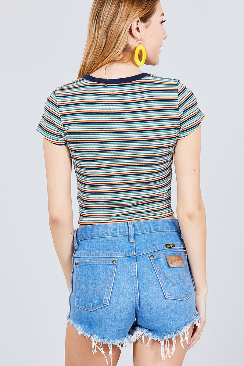 Short Sleeve Crew Neck Multi Stripe Rib Top