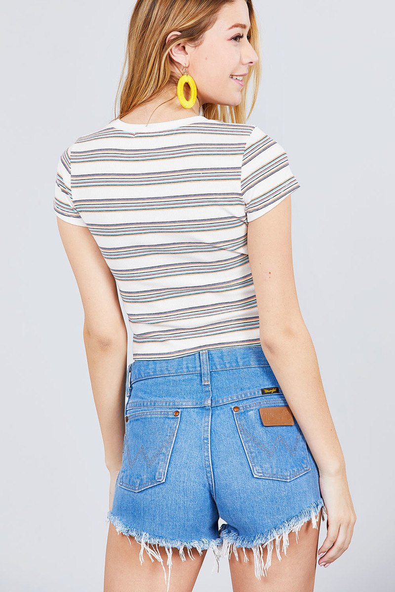 Short Sleeve Crew Neck Multi Stripe Rib Top