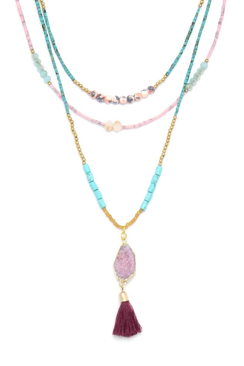 Faux Druxy Stone Tassel Beaded Layered Necklace