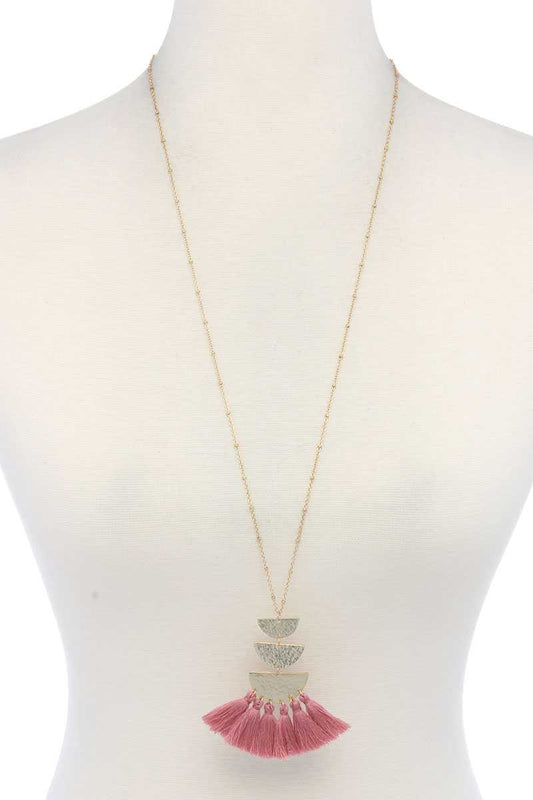Hammered Metal Half Circle Tassel Pendant Necklace