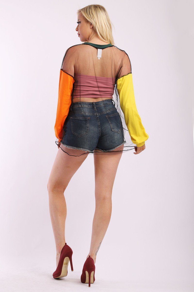 Solid Mesh Top With Contrast Long Puff Sleeves In A Loose Over Sized Fit