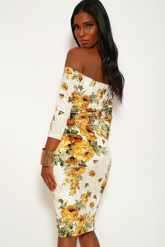 Crushed Velvet Floral Midi Dress With 3/4 Sleeves, Off The Shoulders Neckline And Keyhole In Bodycon Fit