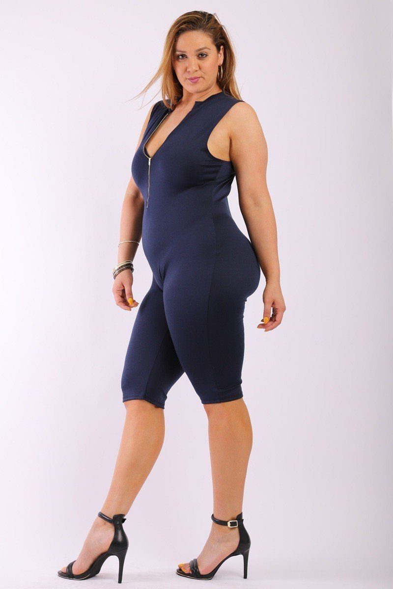 Solid, Stretched, Sleeveless Bodycon Capri Jumpsuit With Front Zipper And Mandarin Collar