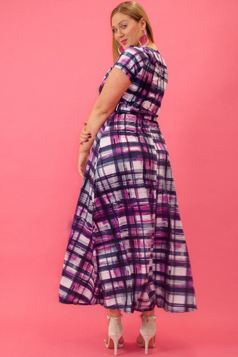 Plaid And Polka Dot Print Maxi Dress In A Relaxed Fit And Flare Style With A Wrapped V-neck, Short Sleeves, Side Pockets And Waist Tie Belt