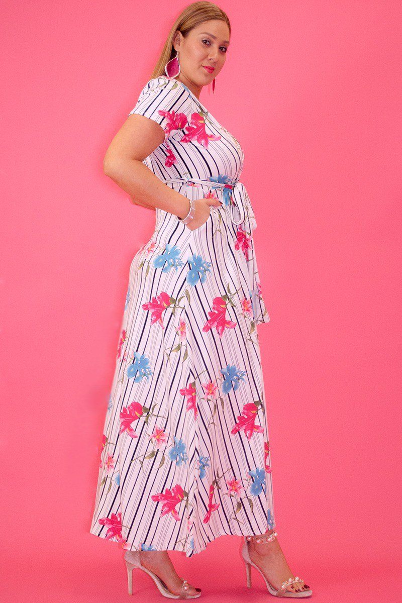 Striped Floral Print Maxi Dress In A Relaxed Fit And Flare Style With A Wrapped V-neck, Short Sleeves, Side Pockets And Waist Tie Belt