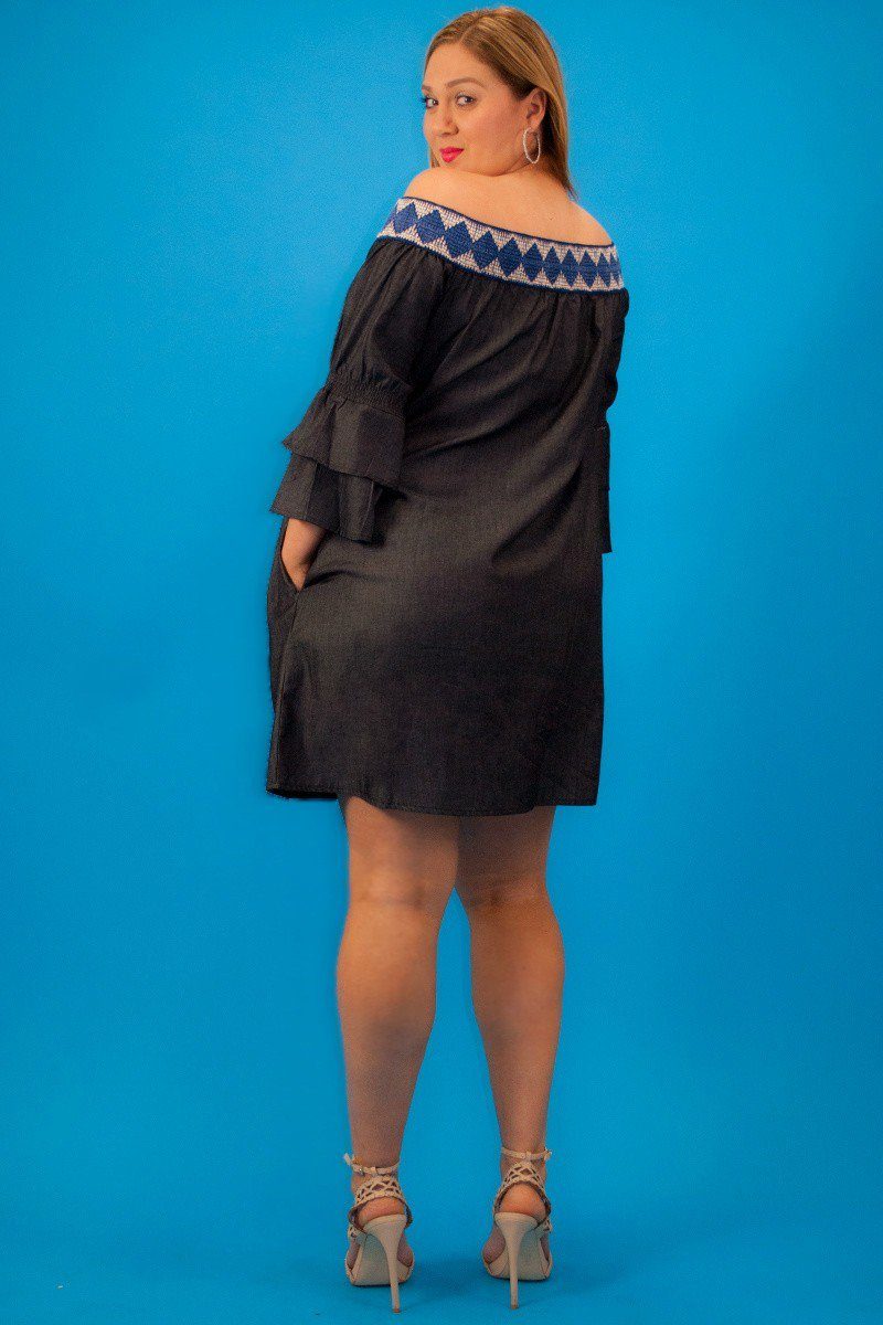 Chambray Denim, Short Sleeve, Off The Shoulder, Embroidered Elastic Neckline, Ruffle Overlay, Flared Sleeve, Loose Fit Midi Dress With Side Pockets
