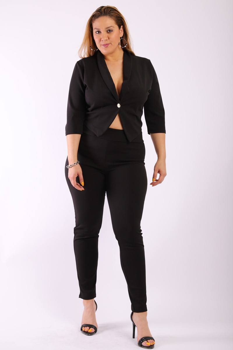 Solid, Fitted Two Piece Set Includes Blazer Coat With 3/4 Sleeves, Collard, One Button Closure And Pointed Hemline With Matching Full Length, High-waist Pant