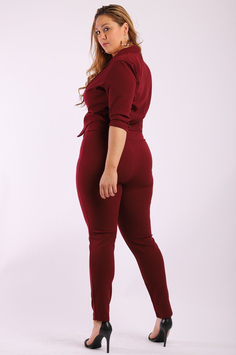 Solid, Fitted Two Piece Set Includes Blazer Coat With 3/4 Sleeves, Collard, One Button Closure And Pointed Hemline With Matching Full Length, High-waist Pant