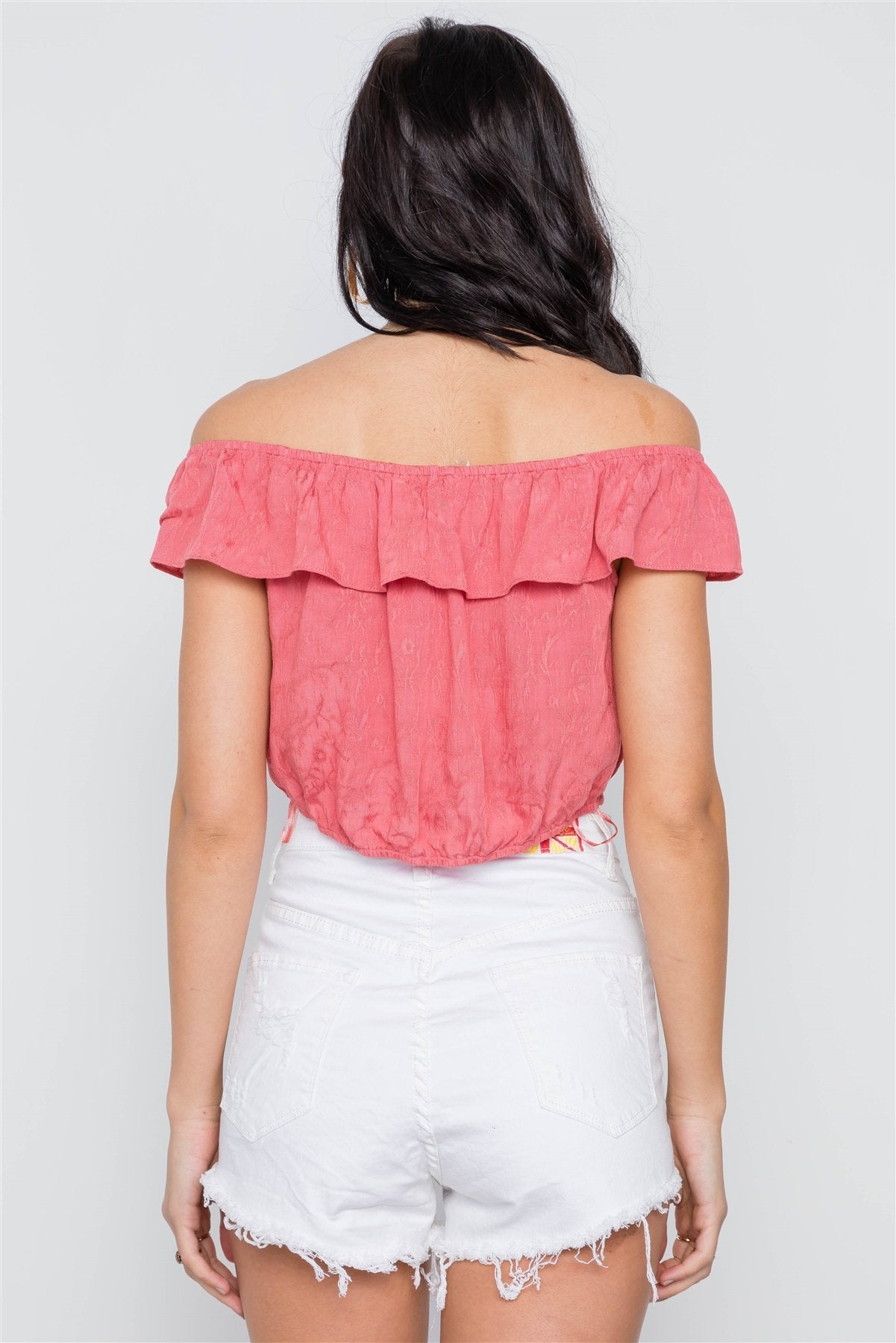 Coral Off-the-shoulder Flounce Crop Boho Top