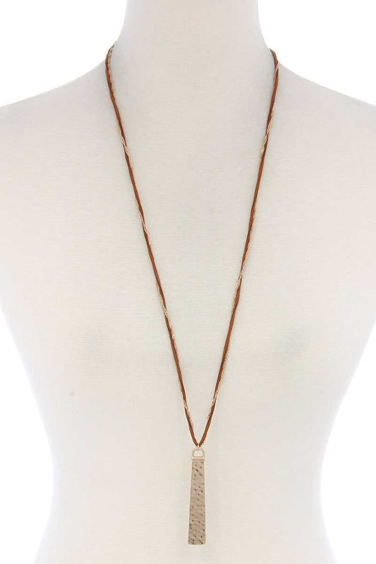 Hammered Metal Bar Pendant Suede Necklace