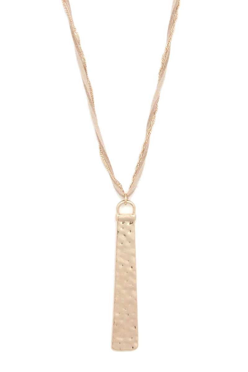 Hammered Metal Bar Pendant Suede Necklace