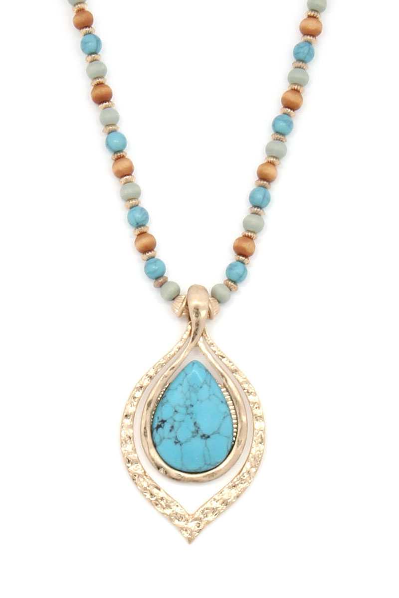 Hammered Pointed Oval Teardrop Pendant Beaded Necklace