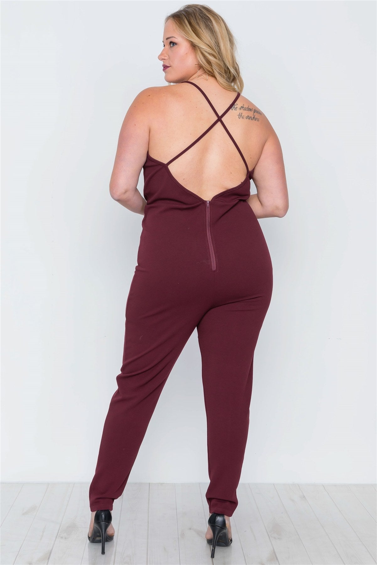 Plus Size Burgundy Surplice Neck Cami Open Back Jumpsuit