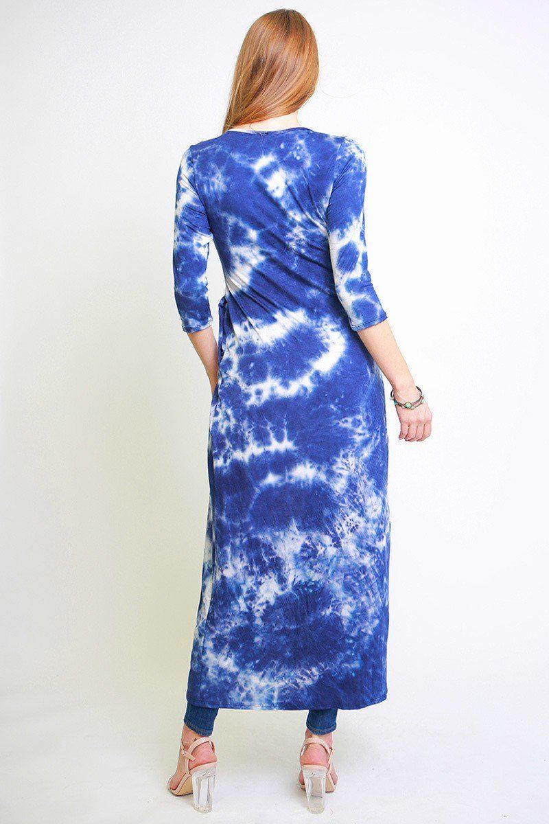 Tie Dye, Long Body Tunic Top In A Fitted Style, With 3/4 Sleeves, A Round Neck, Pockets, And A Front Slash Slit
