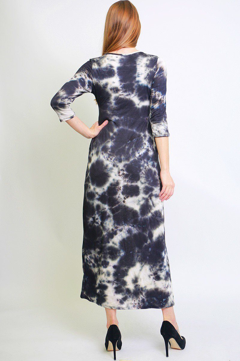 Tie Dye, Long Body Tunic Top In A Fitted Style, With 3/4 Sleeves, A Round Neck, Pockets, And A Front Slash Slit